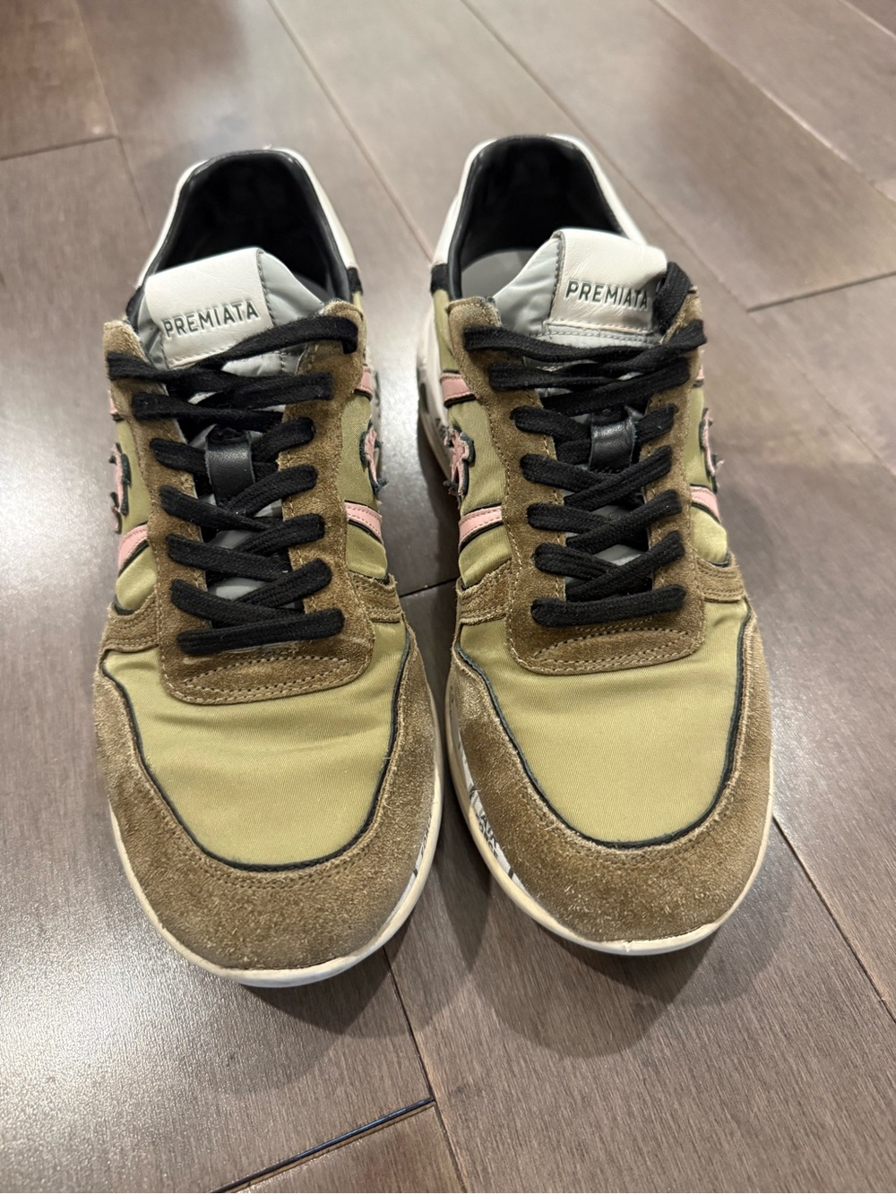 Premiata Olive and Pink Low-Top Suede Mesh Sneakers, Size 39